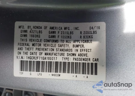 2016 Honda Accord Ex z USA, uszkodzony, nr VIN 1HGCR2F71GA195017